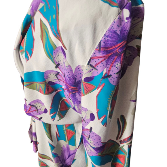 Vintage 80s Tropical Floral Blouse Tie Front Purple Teal Shoulder Pads Top M - Picture 10 of 14